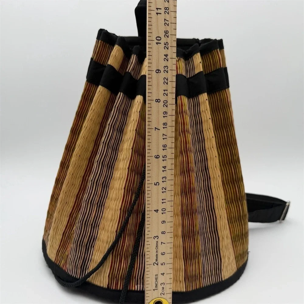 Baskets of Cambodia Woven Drawstring Backpack Purse Tan Black Trim Medium‎